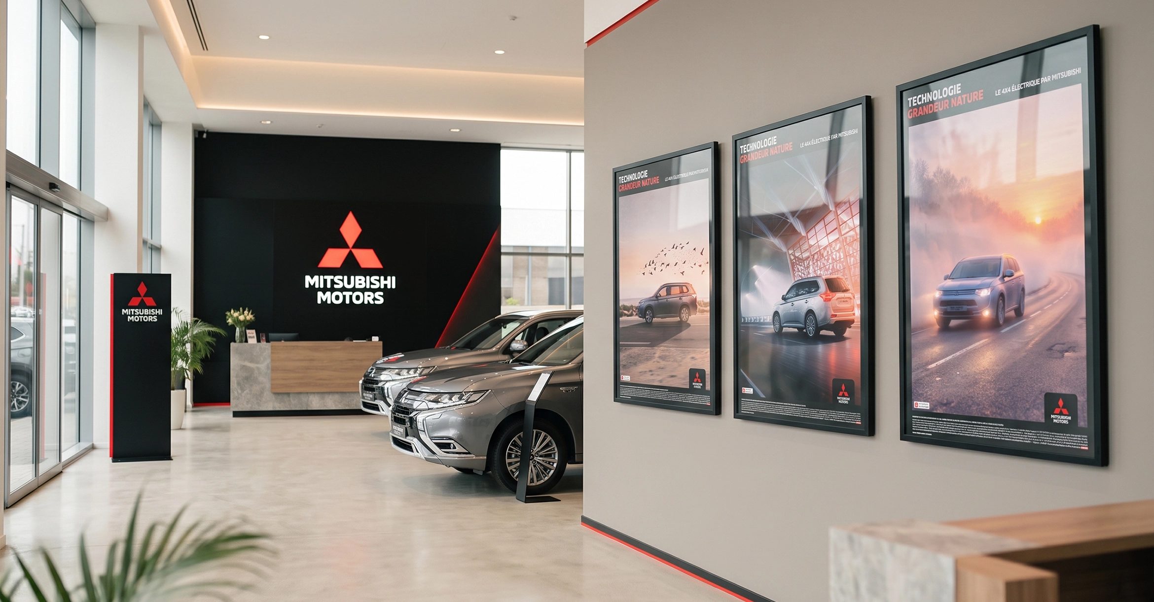 Mitsubishi, les trois affiches Outlander PHEV dans un showroom de la marque