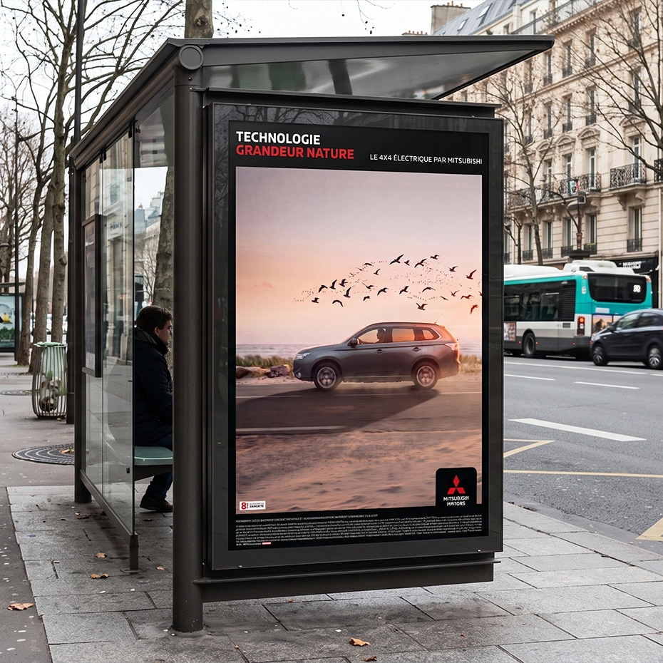 Mitsubishi, affiche abribus Outlander PHEV, l’envol des oiseaux