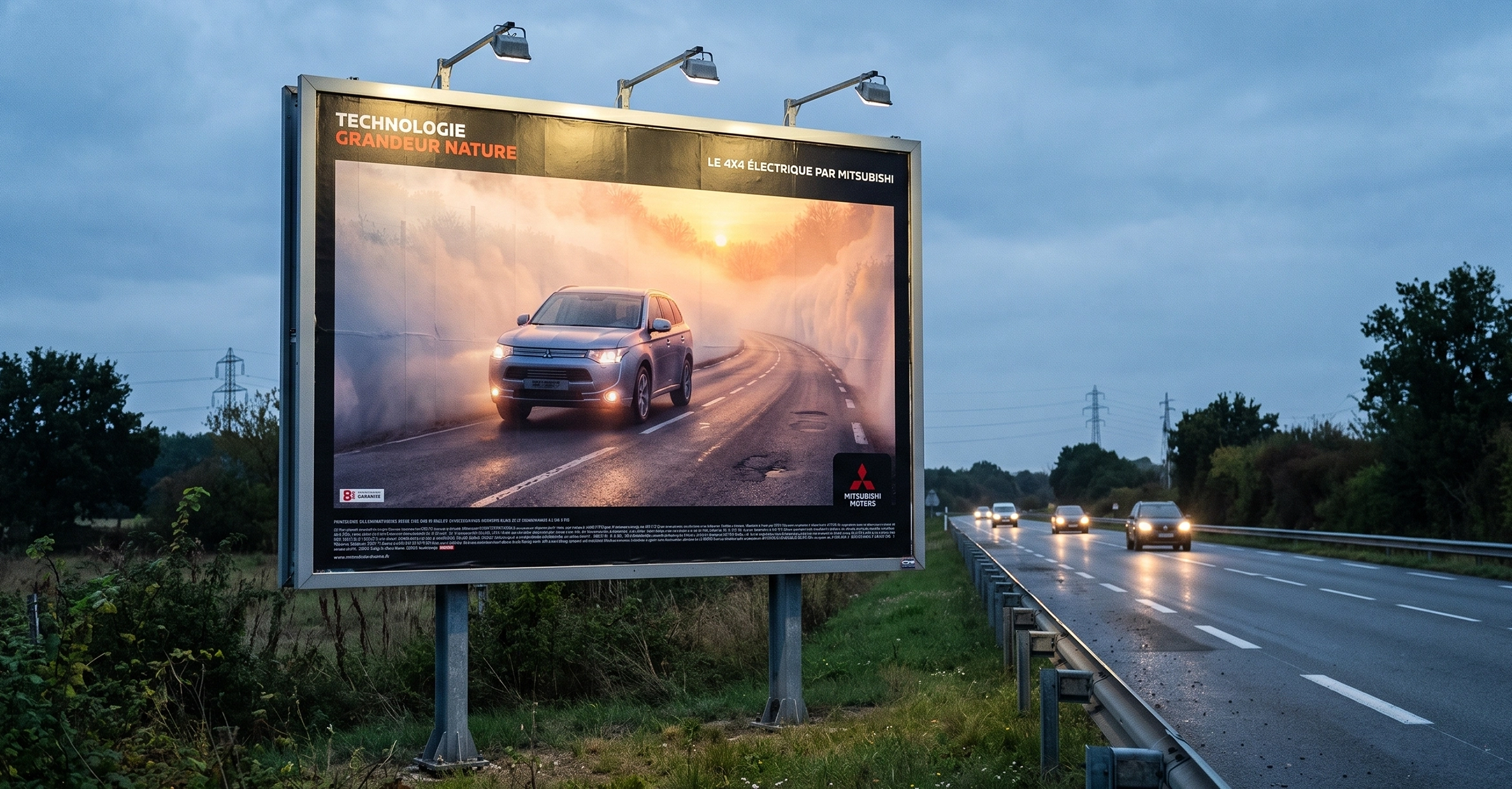 Mitsubishi, panneau 4 × 3 Outlander PHEV au bord d’une route