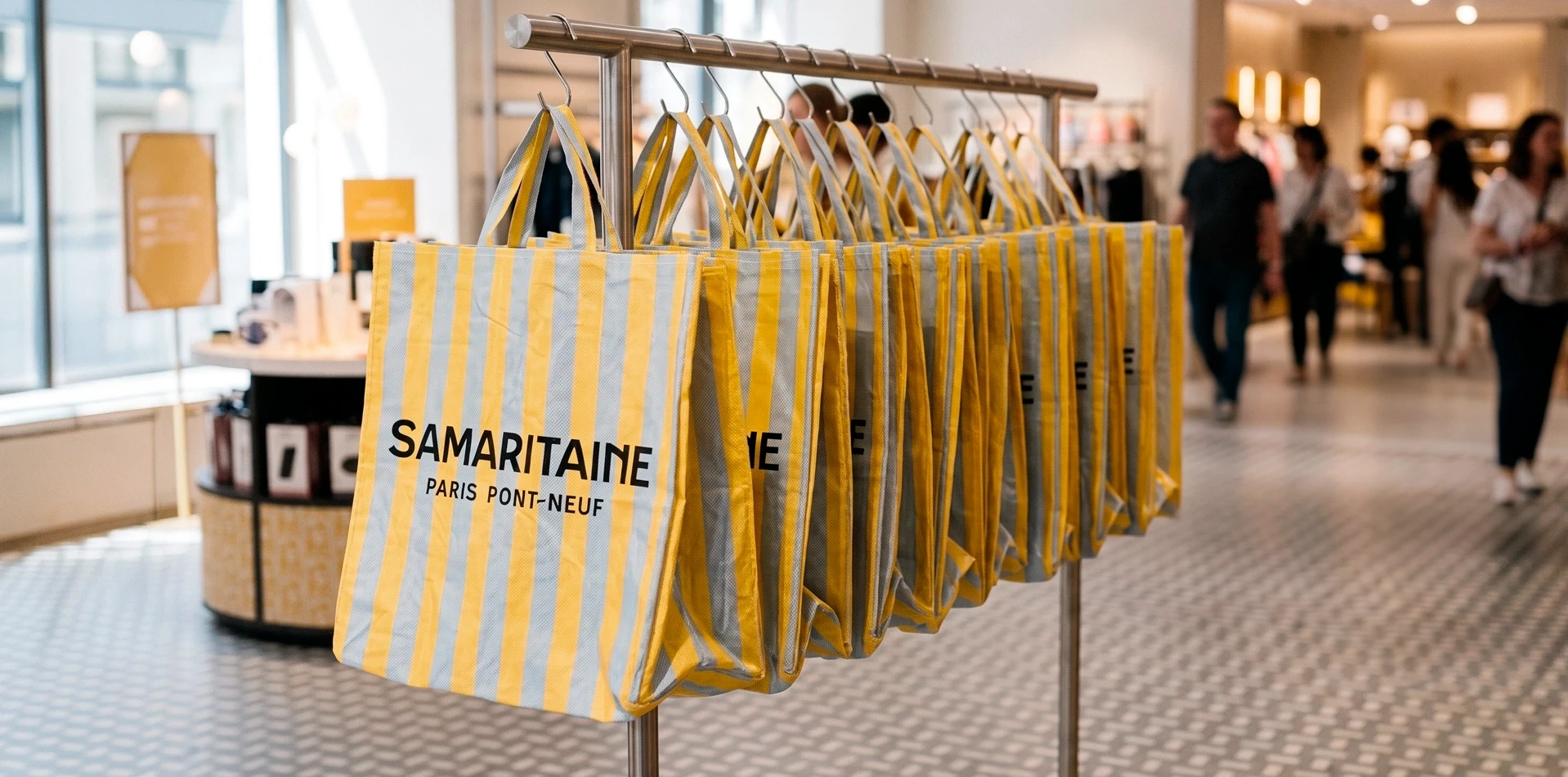 Samaritaine, sacs cabas rayés au cachet Paris Pont-Neuf en boutique